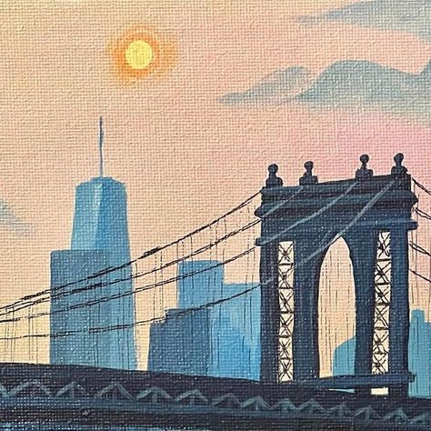 𝓜𝓮𝓵𝒶𝓃𝒾𝑒 𝓡𝓸𝓼𝒶𝒹𝑜 on Instagram: "Brooklyn bound 🟠🟡🟢 . . . . #brooklyn #brooklynbridge #hudsonriver #hudsonviews #waterfront #sunsetlovers #acrylic #arcylicart #acrylicpaint #wallart #acrylicpainting #painting #amatureart #newartists #smallartist #newyorkart #newyorkartist #artistsofinstagram" Buildings Painting Easy, Acrylic Painting New York, Painted City Scape, Easy Nyc Painting, Nyc Canvas Painting, Easy New York Painting, New York Painting Aesthetic, Brooklyn Bridge Watercolor, City Painting Simple