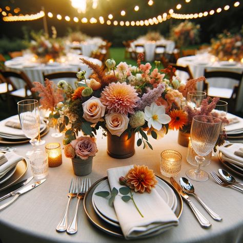 Round Banquet Table Centerpieces, Fall Wedding Table Decor Round Tables, Summer Wedding Round Table Decor, Mums Wedding Flowers, Church Ladies Tea Party, Classy Fall Wedding, Fall Wedding Table Decor, Summer Desert, Halloween Table Settings