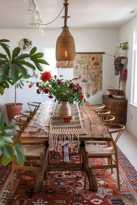 Bohemian Dining Room: Vibrant and Stylish Decor Dining Area Bohemian, Boho Dining Table Set, Boho Dining Table Centerpiece, Mexican Dining Table, Boho Dining Room Table, Dining Room Decor Boho, Boho Dining Table Decor, Mexican Apartment, Mexican Dining Room Decor