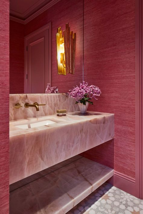 4 Powder Rooms that Prove Colour is Key to Timeless Style | Home Beautiful Pink Quartzite, Modern Powder Room, Sculptural Vase, Wavy Edges, Powder Room Design, Powder Bath, Design Exterior, Pink Bathroom, Pink Houses