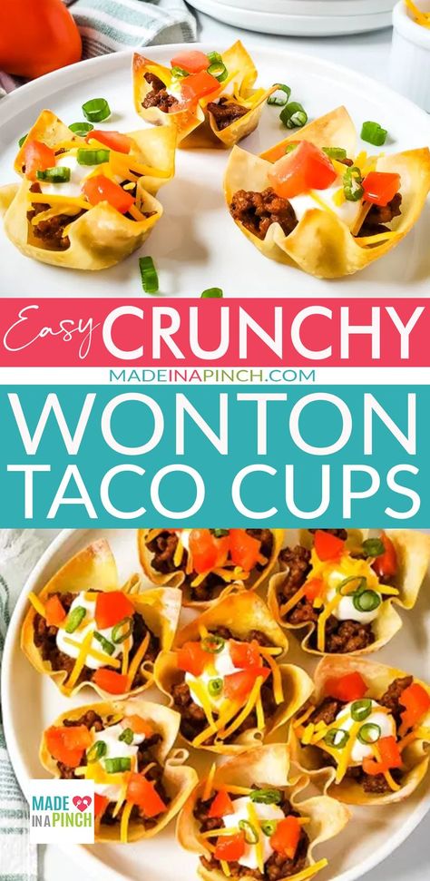 Wonton Appetizer Recipes, Wonton Taco Cups, Taco Cups Recipe, Taco Appetizers, Wonton Appetizers, Wonton Tacos, Taco Bites, Taco Cups, Crispy Tacos