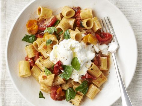 Rigatoni with Roasted Cherry Tomatoes and Burrata recipe from Food Network Kitchen via Food Network Cherry Tomatoes And Burrata, Tomatoes And Burrata, Burrata Recipe, Cherry Tomato Recipes, Fresh Tomato Recipes, Burrata Cheese, Roasted Cherry, Roasted Cherry Tomatoes, Summer Corn