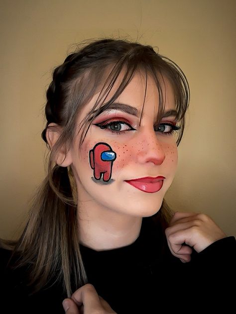 #makeup #among us Modern Face Painting, Among Us Makeup, Face Painting Among Us, Among Us Face Painting, Roblox Face Paint, Paint Face Ideas, Cartoon Face Paint, Among Us Face Paint, Minecraft Face Paint