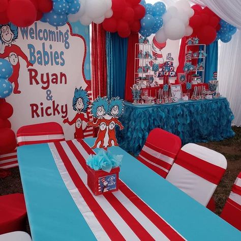 Dr Seuss Baby Shower Decorations, Twin Birthday Themes, Thing One And Thing Two, Dr Seuss Party Ideas, Twin Boys Baby Shower, Twins Party, Cat In The Hat Party, Thing One Thing Two, Luxury Baby Shower