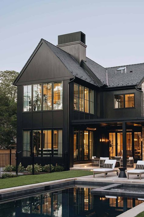 Take a tour inside this absolutely stunning dream house in Illinois Euro Farmhouse, Steel Homes, Poppy Lane, Project Architecture, Black Houses, Park Ideas, House Work, Golf Style, Gorgeous Houses