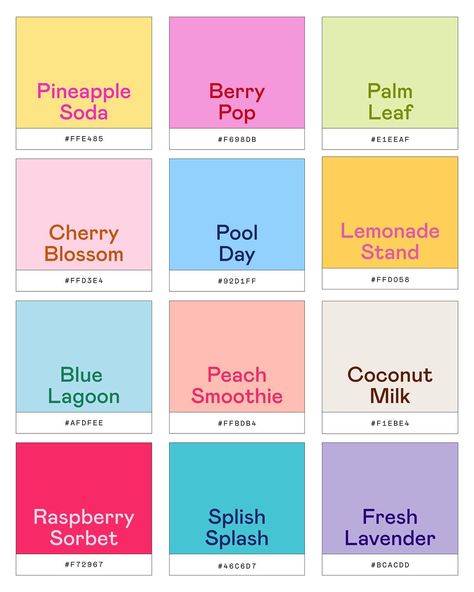 Some of my current favorite summertime colors 🎨☀️ Which color is your favorite? #colorpalette #colorpalettes #graphicdesign #graphicdesigner #colorinspiration #colourpalette 12 Colors Palette, Color Combos With Hex Code, Kiddie Color Palette, Color Palette 9 Colors, 12 Colour Palette, 9 Colors Palette, Calendar Colour Palette, Dessert Colour Palette, Malibu Barbie Color Palette