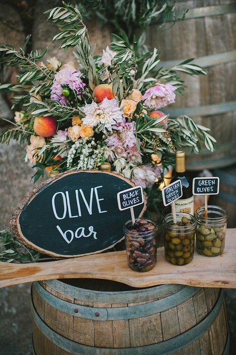 thoughtfulmisfit.com so how do you get the olives out of the jars - germaphobe docs ill want toothpicks at least  - still an olive bar would be cool on the patio meets all dietary issues Olive Bar, Vineyard Wedding Inspiration, Italian Themed Parties, Italian Dinner Party, Olive Wedding, Italian Party, Italian Theme, Wedding Party Planning, Rustic Italian