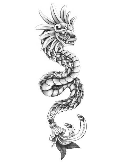 Aztec Dragon Tattoo Designs, Mexico Aztec Tattoo, Mexican Serpent Tattoo, Quetzalcoatl Back Tattoo, Aztec Snake Tattoo Design, Mexican Meaningful Tattoos, Mexican Dragon Tattoo, Small Aztec Tattoo For Women Mexican, Aztec Back Tattoo