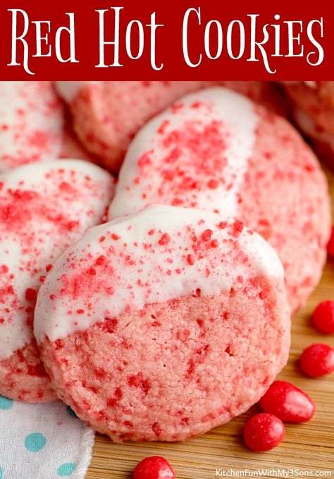 Red Hot Cookies, Cookies Dipped In White Chocolate, Red Hots Candy, Best Shortbread Cookies, Valentines Recipes Desserts, Dessert Recipes Cookies, Cinnamon Candy, Candy Food, Red Hots