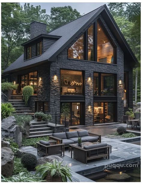 Simple Black House, Dark Mountain House, Dark Modern House Exterior, Exterior Black Windows, Dark Modern House, Lake Wallenpaupack, Black Houses, Log Cabin Rustic, Welcome To Home