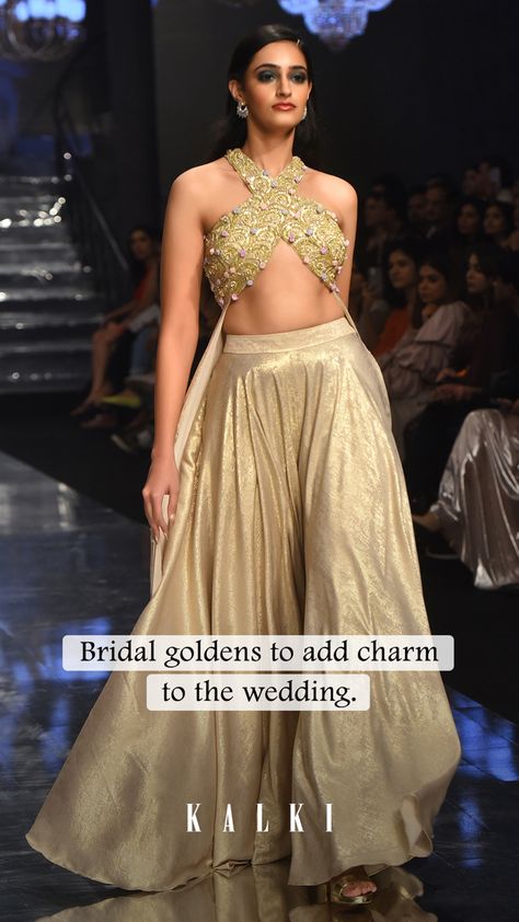 Golden Skirt Outfit Indian, Indian Outfits Modern Weddings, Golden Skirt Outfit, Modern Lehenga Designs, Plazo Top, Indian Silhouette, Golden Skirt, Modern Lehenga, Indian Outfits Modern