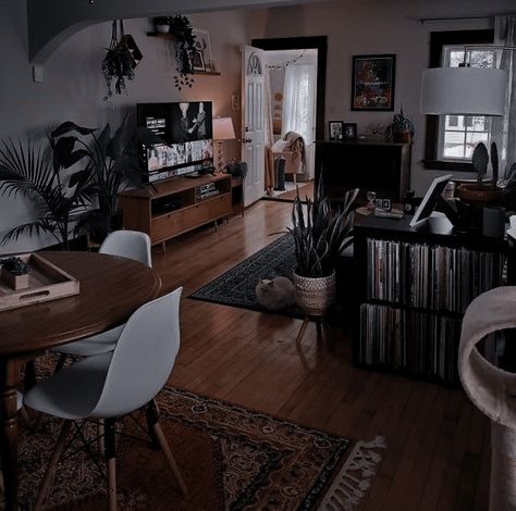 Cute Dark Living Room Ideas, Dark Aethstetic Apartment, Dark Aethstetic House Decor, Dark Apartment Asthetics, Dark Cozy Minimalist Home, Dark Studio Apartment Aesthetic, Dark Brown Apartment Decor, Darker Apartment Decor, Rustic Style Home Decor