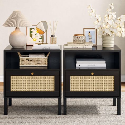 PRICES MAY VARY. 【Boho Nightstand with Rattan Decor】You'll love these boho nightstands that blend contemporary elegance with bohemian charm. Their intricately woven rattan doors provide both beautiful design and practical storage, while the sleek black finish adds a modern touch. These nightstands are perfect for enhancing the style and warmth of your bedroom, making your space feel both cohesive and inviting. 【Large Storage Space】Measuring 15.04''L x 18.58''W x 22.09''H, the bedside table set o Shelves Next To Bed Night Stands, Set Of Nightstands, Bed Frame And Night Stand Ideas, Black Night Table, Black And Brown Furniture Bedroom, Black Nightstand Decor, Black And Wood Bedroom, Boho Nightstands, Black Nightstand Bedroom