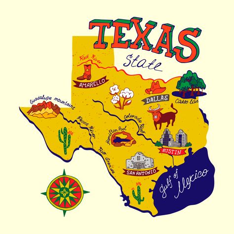 The Perfect Texas Road Trip Itinerary You Should Steal - Follow Me Away Texas Map Art, Texas Road Trip, Dinosaur Valley State Park, Map Of Texas, Cartoon Map, Moody Gardens, Enchanted Rock, Guadalupe River, Guadalupe Mountains