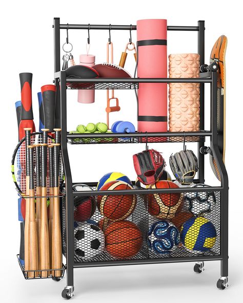 Garage Sports Equipment Organizer - Ball Storage Rack 2024 Upgraded Heavy Duty Steel Ball Storage Garage Sports Organizer for Garage Ball Storage Garage, Garage Toy Storage, Baseball Bat Storage, Garage Gym Organization, Sports Equipment Organization, Sports Equipment Storage, Garage Organization Systems, Gym Organizer, Football Training Equipment