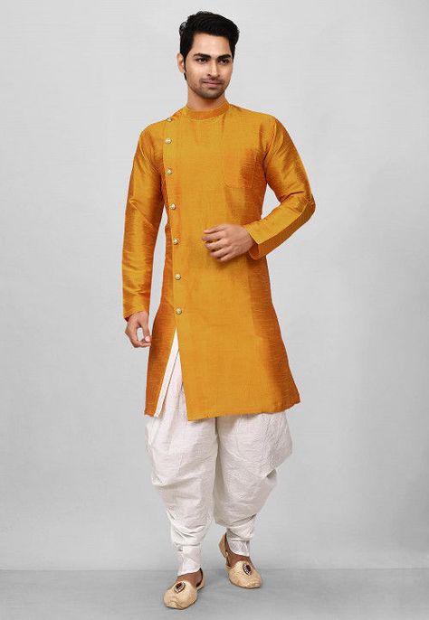 Solid Color Dupion Silk Dhoti Kurta in Mustard Mens Indian Wear, Vs Image, Groom Dress Men, Kurta Patterns, Kurta Men, Mens Kurta Designs, Kurta Style, White Kurta, Silk Kurta