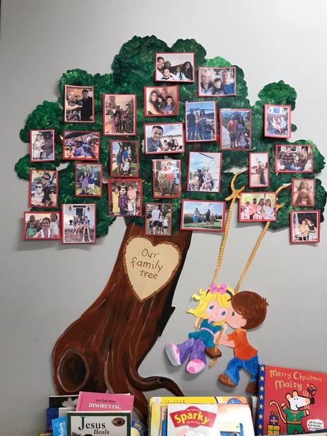 Family Tree Ideas Preschool Classroom, Family Tree Infant Classroom, Family Photo Crafts Preschool, Our Family Classroom Display, Family Tree Decorations Classroom, Family Tree Wall Classroom Preschool Art, Childcare Family Tree, Friends And Family Board Classroom, Family Wall Decor Classroom