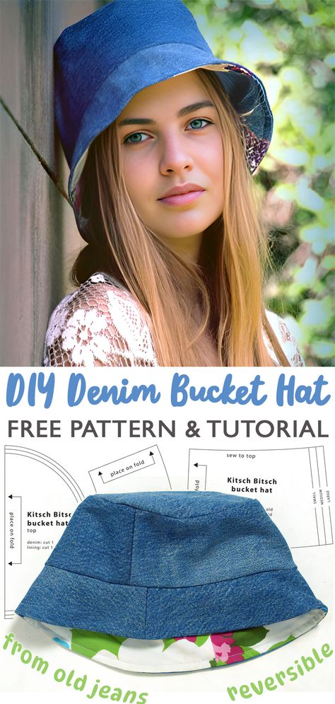 Denim Bucket Hat - Tutorial & Pattern Upcycle Hats Ideas, Diy Denim Bucket Hat Pattern, Free Hat Sewing Patterns, Diy Denim Bucket Hat, Diy Bucket Hat Free Pattern, Free Bucket Hat Sewing Pattern, Hat Sewing Pattern Free, Upcycled Hats, Bucket Hat Patterns