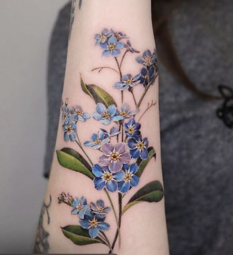 Forget Me Not Tattoo, Flower Thigh Tattoos, Garden Tattoos, Beautiful Flower Tattoos, Back Of Shoulder Tattoo, Birth Flower Tattoos, Botanical Tattoo, Cute Tattoos For Women, Back Tattoo Women