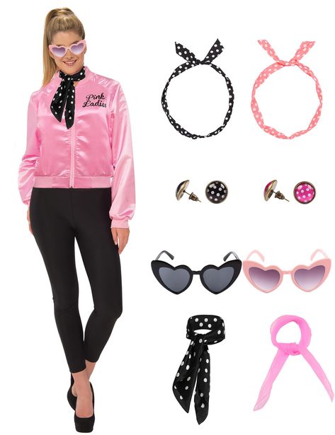 PRICES MAY VARY. Complete 50s Pink Lady Grease Costume Set: Transform into a '50s icon with our women's 50s costumes! This set includes a Pink Satin Jacket, Polka Dot Scarf, pink scarf, black and pink headband, black and pink earrings, black and pink glasses, and pants. Elevate your retro look! Accurate Sizing for the Perfect Fit: Flaunt your style confidently! Our women Grease costumes are designed with accurate sizing guidance. Refer to the size chart for the perfect fit, ensuring you look and Grease Diy Costume Ideas, Ladies Costume Ideas, Grease Musical Costumes, Pink Lady Hairstyles Grease, Pink Ladies Grease Hairstyles, 50’s Costumes, 50s Outfits Spirit Week, 50s Theme Outfit, Grease Outfits Ideas