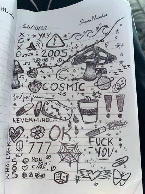 Trippy Doodles Simple, Drawing Words Doodles, Multiple Drawings On One Page, Drawing Ideas Easy Doodles Y2k, Creepy Doodles Easy, Book Doodle Art, Doodle Ideas Grunge, Trippy Doodle Ideas, Notebook Drawings Doodles