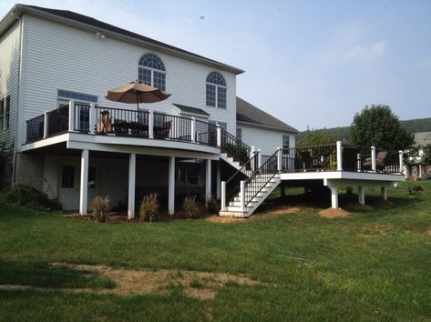 2 Tier Deck, Back Deck Designs, Deck Design Plans, Vinyl Decking, Second Story Deck, Vinyl Deck, Multi Level Deck, Tiered Deck, Deck Pictures