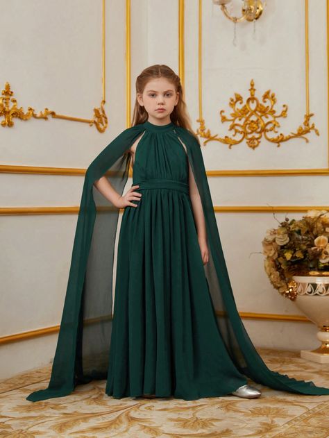 Dark Green Party Collar Extra-Long Sleeve Chiffon Plain Fitted Embellished Slight Stretch  Tween Girls Clothing Green Cape Dress For Party, Green Cape Sleeves Dress For Festive Occasion, Green Dress With Cape, Festive Green Cape Sleeve Dresses, Green Designer Dress With Cape Sleeves, Party Frock Designs, Dress For Formal, Chiffon Cape, Kids Ethnic Wear