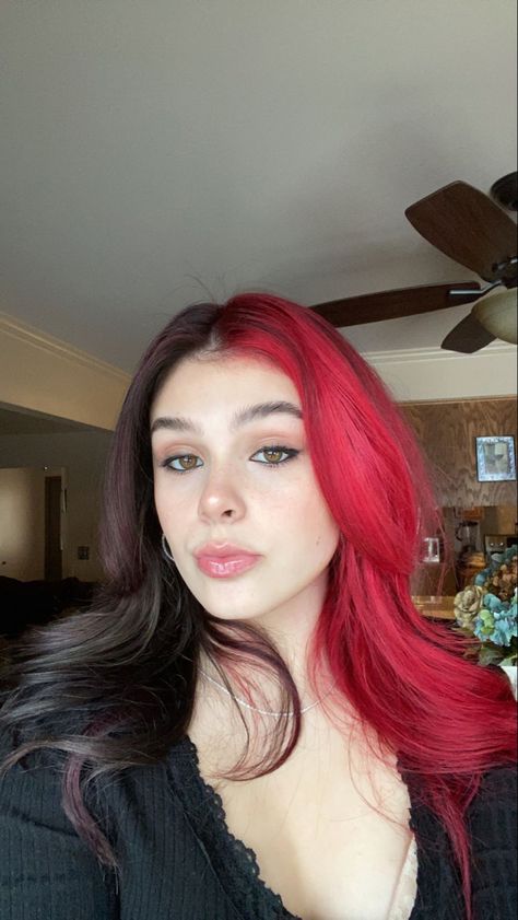 Split Dye Hair Ideas Brown, Split Dye Red Hair, Split Dyed Hair Red And Brown, Red And Black Split Dye Hair, Red And Brown Hair Split, Split Dyed Hair Black And Red, Half Brown Half Red Hair, Red And Brown Split Dye, Split Dye Red And Black