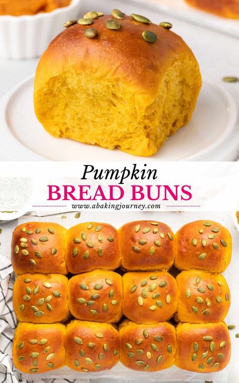 These Pumpkin Buns are incredibly soft, fluffy and flavourful. The pumpkin rolls are perfect as dinner rolls, sandwich bread and burger buns or appetiser for the Holidays and Thanksgiving! Pumpkin Challah Bread, Pumpkin Burger Recipes, Pumpkin Recipes Appetizers, Yeasted Pumpkin Bread, Halloween Buns, Pumpkin Buns Recipe, Pumpkin Bread Rolls Recipe, Pumpkin Burger, Pumpkin Bread Rolls