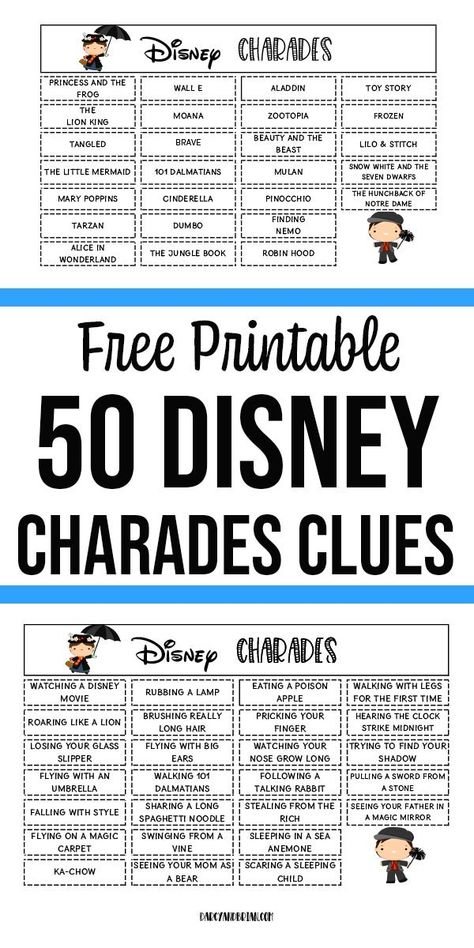 So fun! This Disney themed charades for kids printable game is a fun and easy family activity. Kids will have a blast acting out clues from the word list using Disney movie titles and actions. Click to get the 50 clues to print out at home. Makes a fun kids activity especially at a Disney birthday party! Charades is a great party game for kids. Charades For Kids, Disney Activities, Charades Game, Tema Disney, Family Fun Night, Disney Games, Film Disney, Disney Day, Printable Game