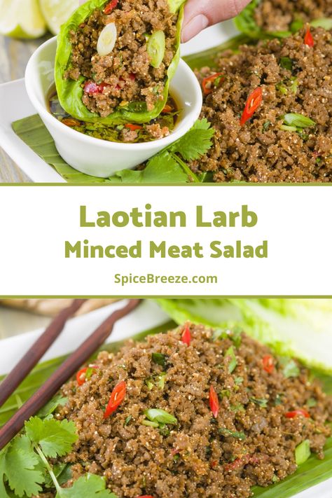 Laotian Larb This simple fresh dish is a specialty from Laos and one of our summer favorites. Larb or laap is an aromatic sour-salty salad with raw or cooked ground meat. We go with the latter and an exotic blend of lemongrass, amchoor (green mango), and dried herbs. We recommend adding fresh herbs for an extra burst of flavor. It's best with rice and unseasoned salad. Larb Salad, Larb Recipe, Raw Cauliflower, Fresh Dishes, Green Mango, Meat Seasoning, Meat Salad, How To Cook Mushrooms, Lettuce Cups