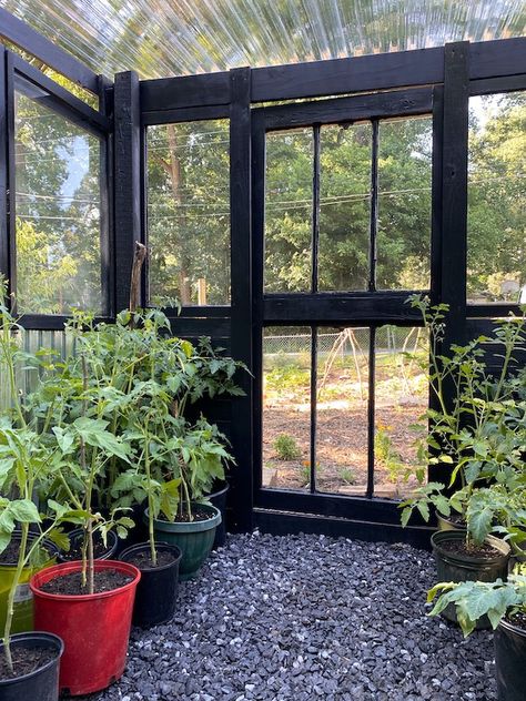 Greenhouse With Old Windows, Upcycled Greenhouse, 6x8 Greenhouse, Old Window Greenhouse, Greenhouse Interior, Window Greenhouse, Diy Greenhouse Plans, Outdoor Greenhouse, Greenhouse Shed