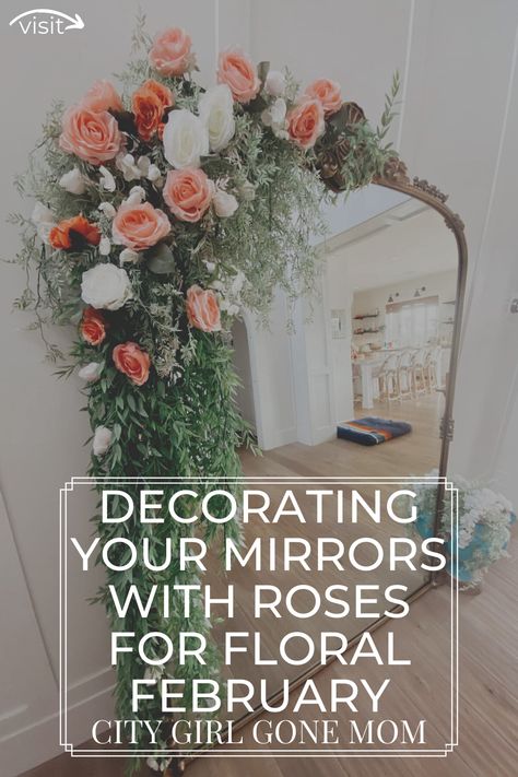 Click here to learn how to decorate your mirrors with roses on City Girl Gone Mom! If you are looking for ways to decorate with flowers for your interior design, then this is the blog post for you! Learn to decorate your mirror frame with these diy ideas! You will love these ways to decorate a mirror frame with diy flowers in an arrangement. Learn to make these DIY floral arrangements for home in this blog post as well. Get inspired to decorate with Spring flowers! Flower Decorated Mirror Diy, Flowers Around A Mirror, Dried Flower Mirror Diy, Fake Flowers Around Mirror, Flowers On Mirror Diy, Diy Floral Frame, Diy Floral Mirror Frame, Decorate Mirror Frame Diy Ideas, How To Decorate A Mirror Frame