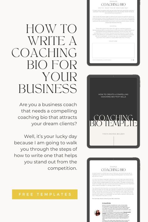 Are you a business coach, course creator, or consultant that needs a compelling coaching bio that attracts your dream clients?I am sharing my 15 page coaching bio template to walk you through the steps of how to write one that helps you stand out from the competition. Life Coach Marketing, Bio Template, Business Coaching Tools, Life Coach Business, Life Coaching Business, Health Coach Business, Small Business Planner, Dream Clients, Online Coaching Business