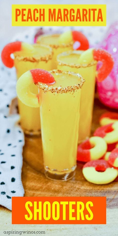 Peach Margarita Shooters | Tequila Shooters | Triple Sec Shooters | Peach Ring Gummy Shooters | Shooter Recipes | Peach Shooters #PeachMargaritaShooters #Shooters #Tequila #TripleSec #PeachShooters #ShooterRecipe Peach Ring Shot, Peach Snaps Shots, Margarita Shooters, Tequila Shooters, Margarita Shots, Tajin Recipes, Drinking With Friends, Peach Ring, Best Margarita Recipe