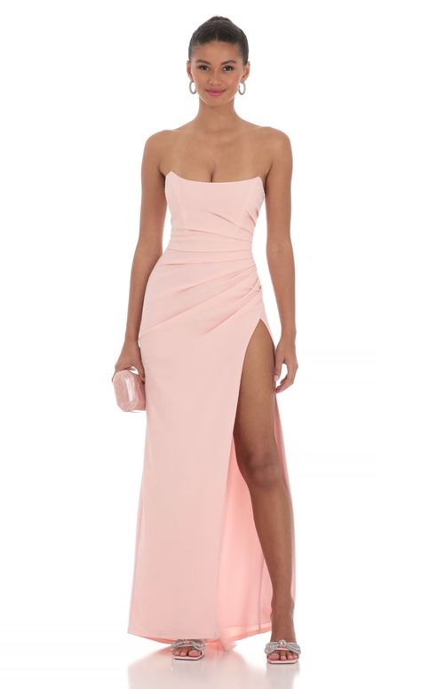 Strapless Corset Maxi Dress in Pink | LUCY IN THE SKY Semi Formal Dresses Elegant, Strapless Pink Prom Dress, Pink Dresses Formal, Formal Dresses Strapless, Sorority Dresses, Pink Formal Dress, Corset Maxi Dress, Floral Homecoming Dresses, Fancy Short Dresses