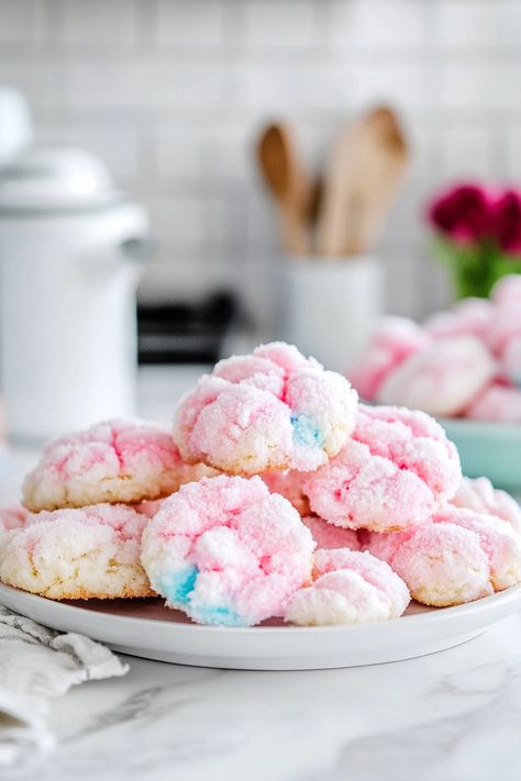 Cotton Candy Cookies Coconut Pecan Cookies, Candy Cookies Recipes, Peppermint Chocolate Chip Cookies, Cotton Candy Cookies, Pillsbury Sugar Cookies, Cotton Candy Cakes, Cotton Candy Flavoring, Pink Food Coloring, Oreo Truffles