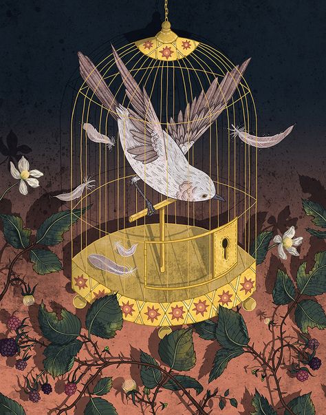 Caged by Jori van de Linde Bird Cage Art Illustration, A Bird In A Covered Cage, Fish Inside A Birdcage Art, Bird In Cage Art, Bird In A Cage Aesthetic, I Know Why The Caged Bird Sings, Caged Bird Aesthetic, Bird In Cage Drawing, Bird Flying From Cage