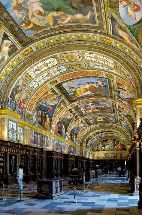 The Library of El Escorial, San Lorenzo El Escorial, Spain Domed Ceiling, Places In Spain, Beautiful Library, Travel Spain, Liberal Arts, San Lorenzo, Spain And Portugal, Historical Architecture, Hotel Lobby