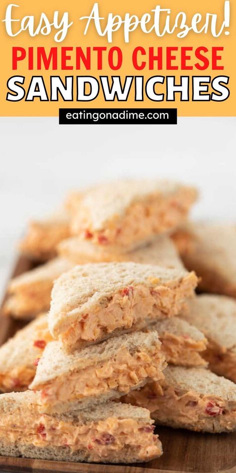 Pimento Sandwiches, How To Serve Sandwiches At A Party, Small Sandwiches For Party Appetizers, Party Sandwiches For A Crowd, Easy Tea Sandwiches Recipes, Pimento Cheese Sandwiches For Party, Pimento Cheese Sandwich Ideas, Mini Pimento Cheese Sandwiches, Pimento Cheese Sliders