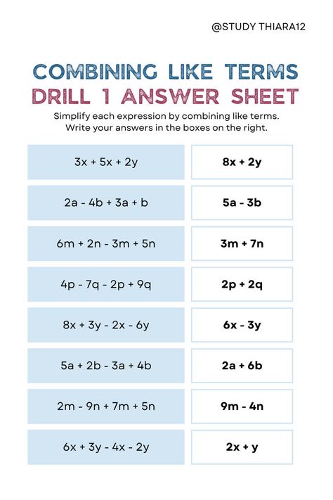 Combining Like Terms: Practice Drill Workbook Preparing For Exams, Simplifying Algebraic Expressions, College Algebra, Combining Like Terms, Study Apps, Algebraic Expressions, Like Terms, Printable Math Worksheets, Math Practices