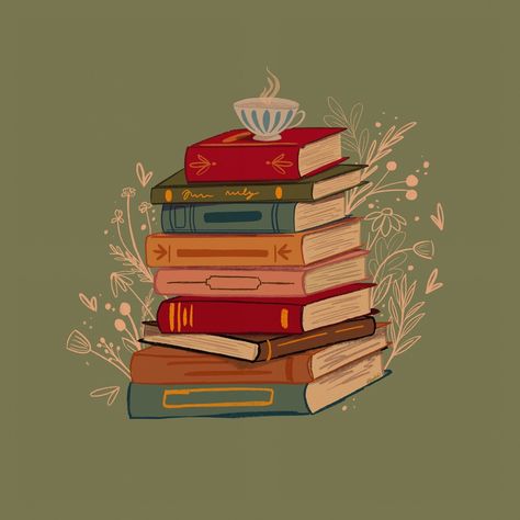 Simple illustration of a stack of books with some floral designs, Fall themed bookish art for the autumn season, seasonal digital art, books and tea, autumn bucket list, art for bookish girlies Reading Book Illustration Art, Bookish Wallpaper, Reading Books Illustration, Autumn Bucket List, Cozy Books, Books Illustration, Fall Bucket List, Book Illustration Art, Book Recs