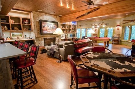 rustic game rooms | rustic game room Masculine Game Room, Cabin Game Room, Cozy Attic Bedroom, Basement Games, Cozy Attic, Attic Bedroom Designs, Game Room Basement, Recreational Room, Man Cave Home Bar