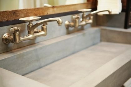 industrial bathroom design ideas double trough sink concrete sink Trough Sink Bathroom Double, Trough Sink Bathroom Vanity, Stone Trough Sink, Double Trough Sink, Trough Sink Bathroom, Large Bathroom Sink, Concrete Bathroom Sink, Industrial Bathroom Design, Bathroom Sink Units