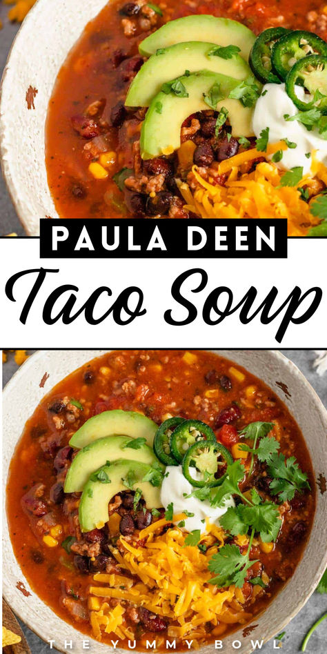 Slow cooker taco soup tastes just like the Paula Deen origonal! This homemade taco soup is full of amazing flavors that come together to form a delicous lunch or dinner that's perfect for winter. This warm taco soup is loaded with corn, beans, cheese, and more of your favorite taco ingredients. Try this easy recipe for dinner today! Best Crockpot Taco Soup, Taco Soup Paula Deen Recipe, Taco Soup Paula Deen, Paula Deen Taco Soup Recipe, Southwestern Soup Recipe, Taco Soup With Ranch Packet, Paula Deen Seasoning Recipe, Taco Soup Healthy, Paula Deen Taco Soup