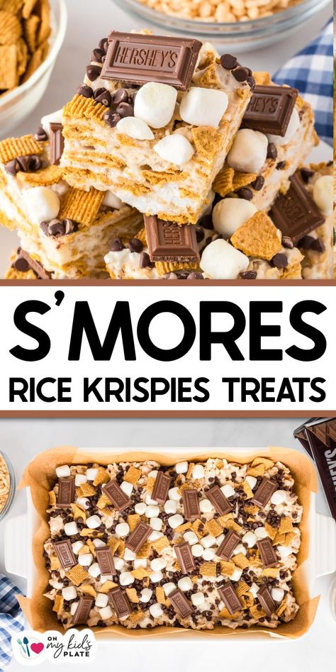 Smores Rice Krispies Treats Smores Rice Krispies, Smores Krispie Treats, Loaded Rice Crispy Treats, Survivor Food Ideas, S’mores Rice Krispy Treats Ideas, Smores Rice Krispie Treats, Easy Treats To Make With Kids, Smore Rice Krispie Treats, Smores Rice Crispy Treats