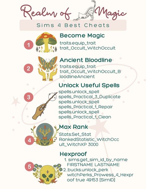 The best cheats for sims 4 Realm of Magic. Gardening spells to unlock: spells.unlock_spell spells_Practical_4_GrowPlant spells.unlock_spell spells_Practical_2_Garden Remove a curse: spells.unlock_spell spells_Untamed_4_RemoveCurse Steal stuff: spells.unlock_spell spells_Mischief_3_Steal Sims 4 Keyboard Controls, Sims 4 Pc Cheats, Sims 4 Cas Cheats, Realm Of Magic Sims 4 House, Sims 4 Realm Of Magic Mods, Sims 4 Realm Of Magic Builds, Sims 4 Realm Of Magic House, Realm Of Magic Sims 4 Cc, Sims 4 Tips And Tricks