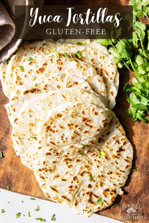 These one-ingredient Gluten-Free Yuca tortillas are soft, chewy, and completely versatile. Make a batch for your next taco night! Vegan Gluten Free Tortillas, Yuca Flour Recipes, Vegan Gluten Free Tortilla Recipe, Yuca Tortillas, Yuca Bread Recipe, Gf Tortillas, Cottage Recipes, Desert Cottage, Cottage Meals