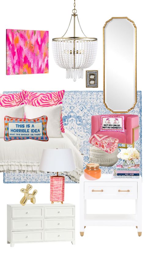 Hot Pink And Blue Room, College Dorm Wallpaper, Colorful Preppy Bedroom, Pink Orange And Blue Bedroom, Dorm Room Ideas Colorful, White Bedroom With Pops Of Color, White Room With Pops Of Color, Pink Headboard Bedroom Ideas, Pink And Blue Room Ideas