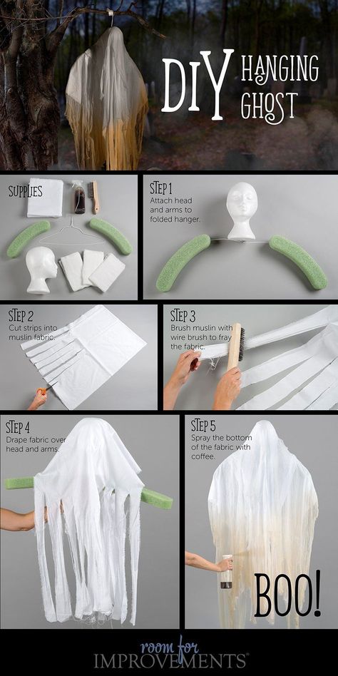 35 Easy Halloween Ghost Decoration Ideas That You Can Do It Yourself 32 Diy Hanging Ghost, Halloween Craft Diy, Porta Halloween, Diy Ghost Decoration, Diy Ghost, Diy Halloween Party, Porch Diy, Dekorasi Halloween, Halloween Diy Outdoor